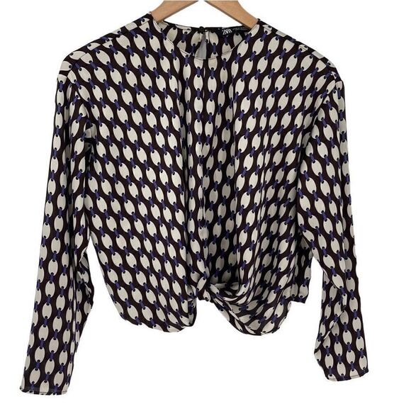 Zara Long Sleeve Twist Front Cropped Blouse Brown Cream Purple Women XS - Picture 1 of 6